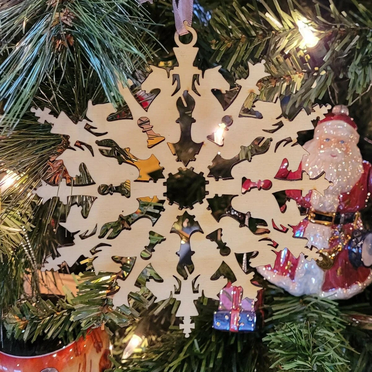 Chess Pieces Wood Snowflake Ornament